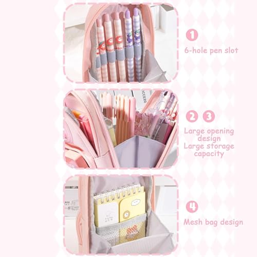 Image of Kawaii Pencil Pouch 3 Compartment Cute Pencil Case Aesthetic Pencil for Girls Large Capacity Pen Pencil Case Multifunctional Stationery Organizer for Kids (Happy Time Combo)