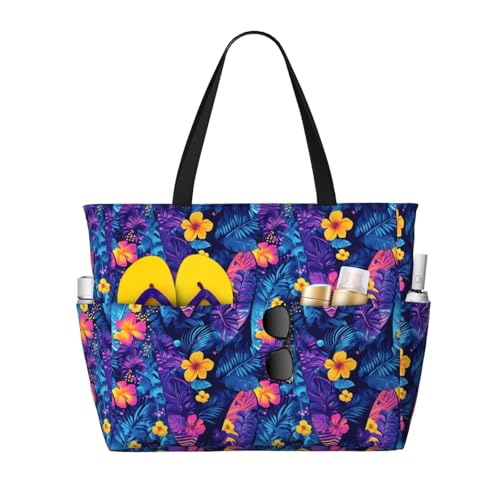 Large Beach Bags for Women Sandproof - Tropical Colorful Plants Print Summer Work Travel Tote Bags with Zipper