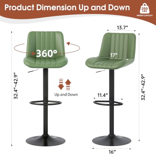 Image of JAMFLY Modern Leather Bar Stools - Swivel & Height-Adjustable Bar Chairs with Footrest, Ergonomic Design for Kitchen Island, Home & Commercial Bar - Set of 2, Green