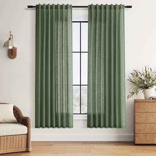 Image of Nanspring Forest Green Linen Curtains for Living Room 72 Inches Long Light Filtering Semi Sheer Curtain Back Tab and Rod Pocket Wabi Sabi Boho Decor Luxury Drapes for Bedroom Office 52x72, 2 Panels
