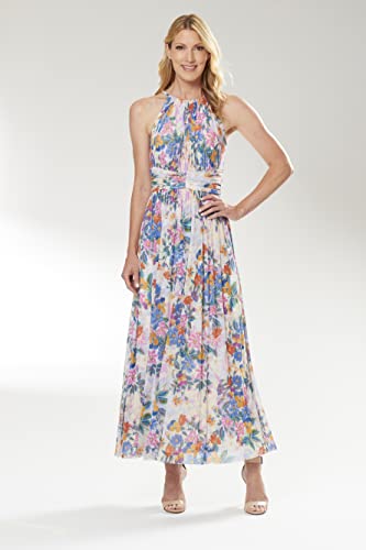 Image of London Times Women's London Times Mesh Halter Maxi Dress with Ruched Waistband Flowy Bohemian Beach Dresses