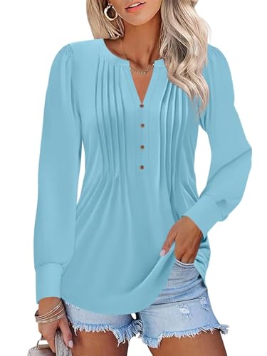 TICTICMISS Women's Puff Long Sleeve Tops Pleated V Neck T