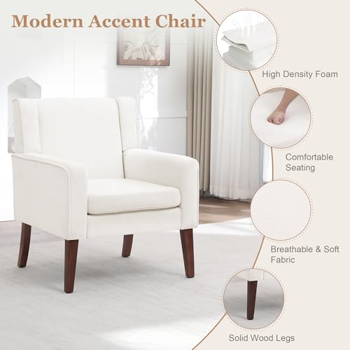 Image of Accent Chairs for Living Room, Mid-Century Reading Chair with Wood Legs, Upholstered Comfy Living Room Chair for Bedroom, Apartment, Waiting Room, Beige