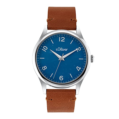 s.Oliver Armbanduhr Herren Quarzuhr Analog, mit Leder Armband, Blau, 5 bar Wasserdicht, Kommt in Uhren Geschenk Box,