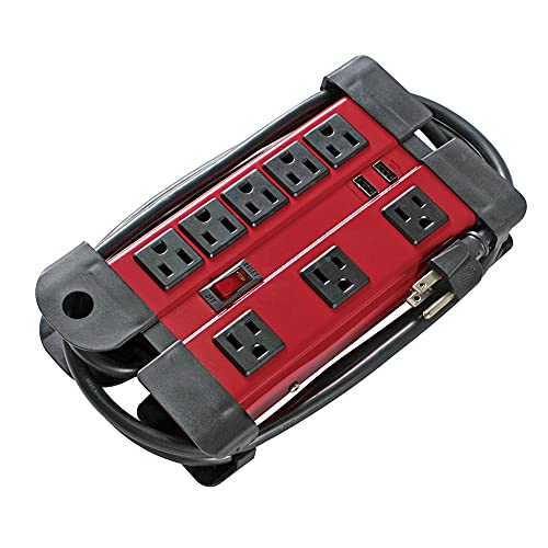 Apollo Wire & Cable, Metal Power Strip, Red, 6ft 14/3 SJT, 2 USB Ports- 5V,2.4A Shared, 8 Grounded Outlets, Red, Perfect for Jobsite, Workshop, Kitchen, Office, School, by primoPower - Used condition - US$19.23