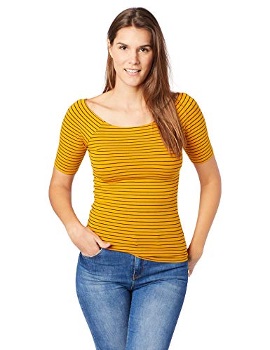 Camiseta Básica Listrada, Hering, Feminino, Amarelo/Marinho, G
