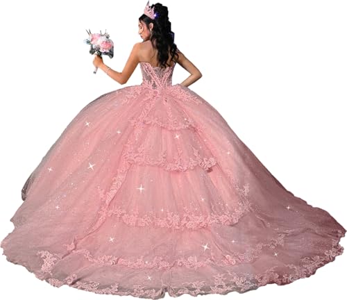 Sweetheart Quinceanera Dresses with Train Glitter Beaded Ball Gown Tiered Sweet XV Dresses YU009