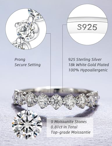 IMOLOVE Moissanite Wedding Bands for Women, Dainty 9 Round Stone Women's Eternity Stackable Rings Everyday Fashion Silver Moissanite Rings for Women with 18K White Gold Plated Size 5-112
