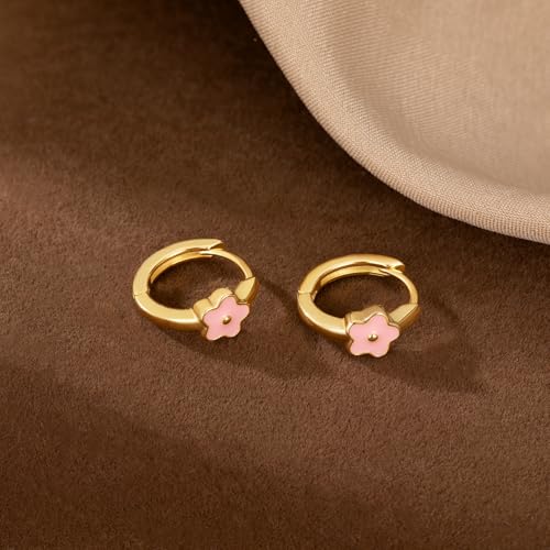 SLUYNZ Solid 925 Sterling Silver Pink Flower Earrings Hoop for Women Teens Cute Flower Hoop Earrings Huggie 5