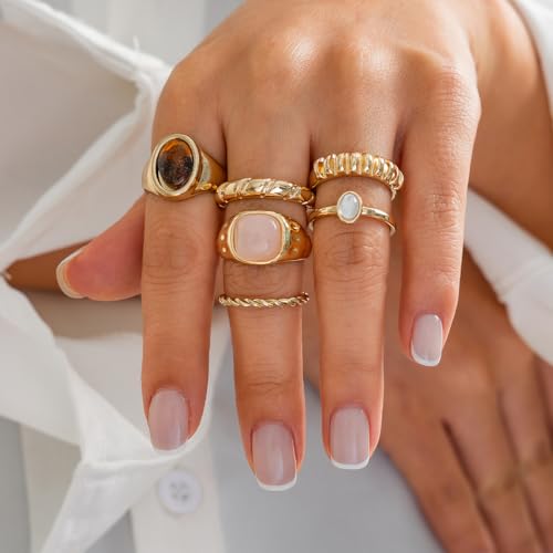 ONBRIG Chunky Golden Rings for Women Non Tarnish Stone Golden Stackable Rings for Women Adjustable Trendy Dainty Thick Chunky Jewelry (style 2 - golden 6 pcs)