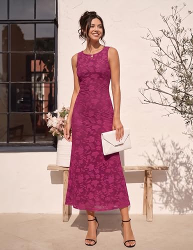 MEROKEETY Womens Summer Floral Maxi Dress 2026 Sleeveless Formal Bodycon Bridal Shower Elegant Wedding Guest Long Dresses, Fushia, Medium — view 2