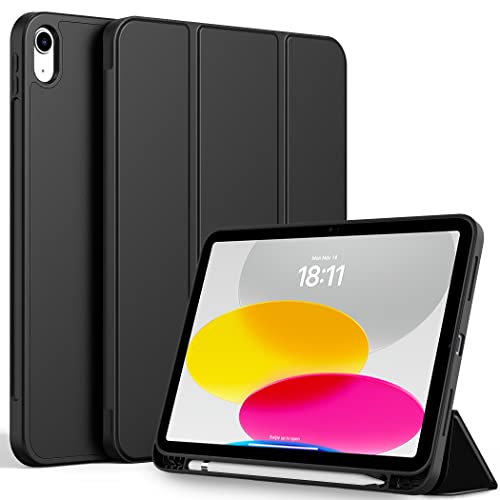 CACOE Hülle für iPad 10 Generation Hülle mit Stifthalter 10.9 Zoll 2022 A2757/A2777, Ultradünne Weicher TPU Rückseite Abdeckung Schutzhülle mit Auto Schlaf Aufwach - Schwarz Cover
