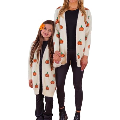 Mommy and Me Matching Outfits Halloween Pumpkin Knit Cardigan Women