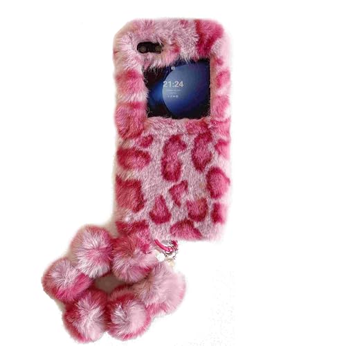 Funda para Huawei P50 Pocket/Pocket S, funda mullida de felpa para mujeres y niñas, funda con pulsera de felpa plegable a prueba de golpes, funda cálida y cómoda, estampado de leopardo rosa