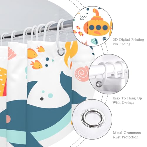 Image of Kids Cartoon Ocean Shower Curtain Cute Fish Sea Turtle Whale Dolphin Funny Underwater Submarine Animal Sea Life Children Boy Home Bathroom Decor Waterproof Fabric 72Lx72W Inch with 12PCS Hooks