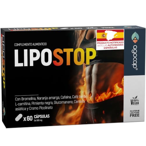 Complemento Alimenticio con Glucomanano, L-Carnitina, Bromelina, Naranja Amarga, Cafeína, Café Verde, Pimienta Negra, Centella Asiática y Cromo. 60 Cápsulas | LIPOSTOP, Agocap