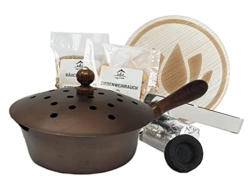 Räucherpfanne Set Kupferfarbig 6 teilig - Räuchergefäß zum Räuchern von Weihrauch, Harzen, inkl. Weihrauch, Räucherkohle, Räuchersand, Räucherzange