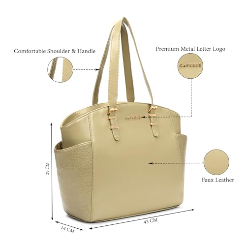 Image of Caprese Macie Medium Alpine Oat Tote Bag for Women | Solid Faux Leather Shoulder Handbag with Spacious Interior & Zipper Closure | Fits Up to 16-Inch Laptop | Office & Travel Use