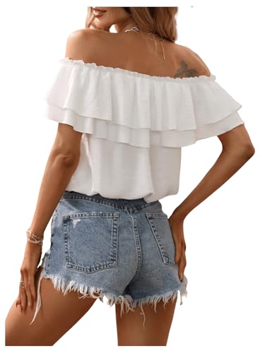 SweatyRocks Women's Off Shoulder Ruffle Trim Knot Front Blouse Tiered Layer Butterfly Short Sleeve Chiffon Tops Summer2