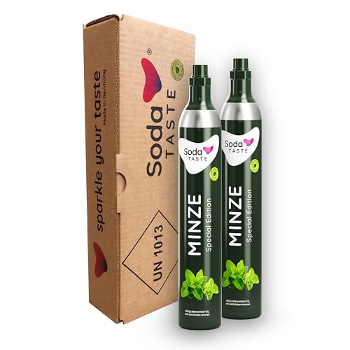 SodaTASTE CO2-Zylinder tauschen 2er-Pack (Refill) für Wassersprudler, mit natürlichem Minz-Aroma, ohne Sirup, für bis zu 120l Sprudelwasser mit Geschmack, zuckerfrei (ACHTUNG: 2 leere Zylinder nötig)