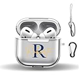 Custom Clear Case Compatible with Apple AirPods 3 AirPods Pro 2 1- Double-sided Personalized Name/Initial/Text Thin Shockproof TPU Protective Transparent Case with Keychain Ring Carabiner Latch Lanyard