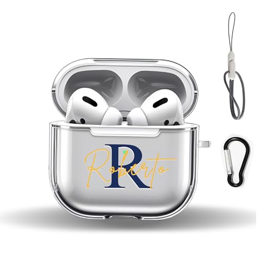 Custom Clear Case Compatible with Apple AirPods 3 AirPods Pro 2 1- Double-sided Personalized Name/Initial/Text Thin Shockproof TPU Protective Transparent Case with Keychain Ring Carabiner Latch Lanyard