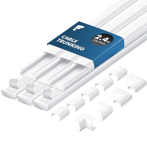 shinfly 2.4m Cable Trunking Kit Self Adhesive – Mini Trunking for Electric Cables, Cable Cover for Cord, Cable Management Wall Raceway – Wire Tidy Concealer Duct for TV – White 25 mm x 13 mm