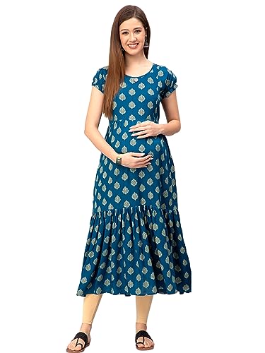 Image of CEE 18 Women's Cotton A-line Maternity Feeding Kurti with Zippers (9667 40,Divine Blue,Large)