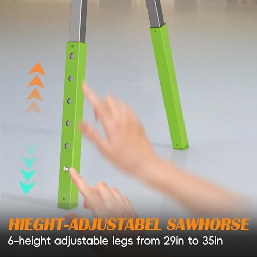 Image of Adjustable Height Sawhorse 2 Pack, Folding Portable Saw Horses with 30-34 inch Adjustable Legs, Heavy Duty Steel Pro Bench Saw Horse for Woodworking, Carpenters, Contractors, Fully Assembled (green)