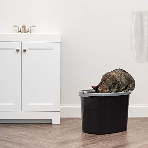 Iris Usa Oval Top Entry Cat Litter Box With Scoop, Kitty Litter Tray With Litter Catching Lid Less Tracking Dog Proof And Privacy Large, Black/Gray #TOP2