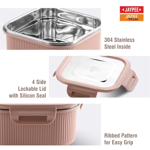 Image of Jaypee Plus Ultima Micro Seal Microwave Safe Air Tight Food Storage Container 800 ml Inner Stainless Steel Rib Design Spillproof Lunch Box for School, Office, Ideal for Snacks and Meal, Pink