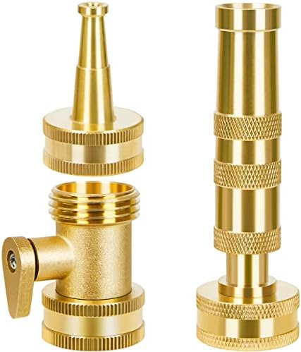 Hose Nozzle Sprayer, Heavy Duty Brass Adjustable Twist Hose Nozzle, High Pressure Jet Sweeper Nozzle with Shut off Valve, Metal Water Hose Nozzles set for Garden Hoses, with Washers