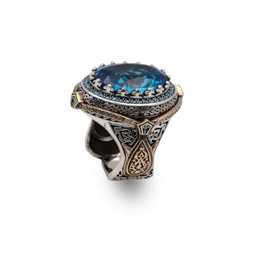 Bague pour hommes aigue-marine pierre précieuse vintage argent gravé