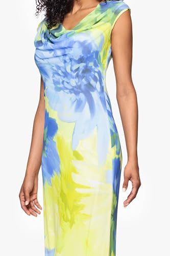 Image of Betsy & Adam Women's Floor-Length, Sleeveless, Floral Print, with Draped Neckline and Flowing Silhouette, Citrine, 12P