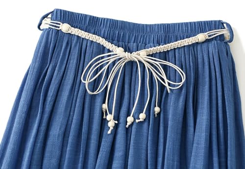 Womens Cotton Linen Skirt Drawstring Pleated Midi Skirts Elastic High Waist A-Line Skirt Prom Party Casual Skirts3