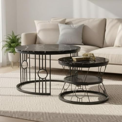 Image of Modern Nested Coffee Table Set of 2 | Round Marble Finish Tabletop with Metal Base | Luxury Center Table for Living Room, Lounge & Office (Ring Black Black)