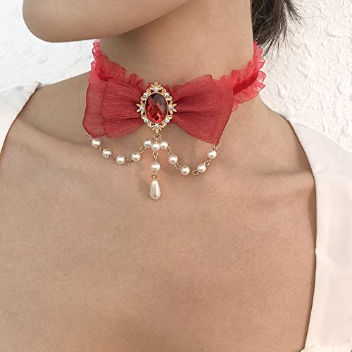 Xerling Red Bow Tie Necklaces For Women Girls Lace Choker Necklace Beaded Pearl Pendant Necklace For Halloween Ruby Gem Bow-Knot Chain Necklace (Red) #TOP1