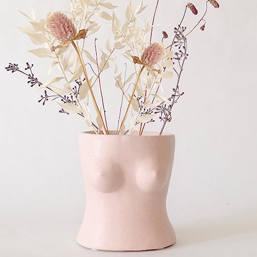 Boob Planter Body Vase Female Form Bust Flower Vase w/Drainage Hole, Speckled Matte Pink Ceramic, Modern Boho Home Decor Cute Small Indoor Plant Pot Feminine Women Shaped Sculpture Unique Boob Gifts
