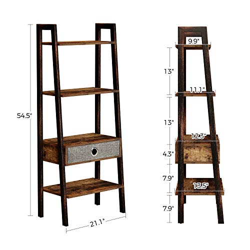 Rolanstar Ladder Shelf with Drawer, Retro Bookshelf, 4-Tier Ladder Bookcase, Utility Organizer Shelves, Stable Metal Frame, for Living Room, Office Room,LD001-A