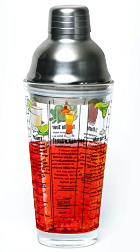 14 oz Recipe Glass Cocktail Shaker With Strainer Top - Includes 6 Cocktail Drink Recipes (Tequila Theme)