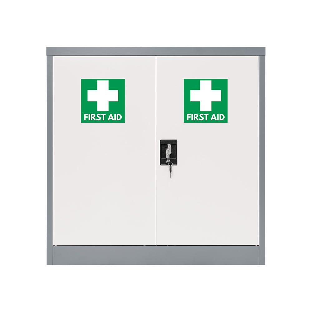 Metal Storage Cabinet, Small Heavy Duty Lockable Steel Utility Office Garage Cupboard With 1 Shelf & Key Lock for Home, Office, Workplace (Grey + First Aid)