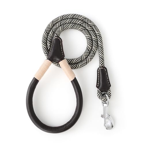Mile High Life Dog Leash, Rope Leash with Genuine Leather Handle and Heavy Duty Metal Clasp, Great for Small Medium Large Dogs (Black Beige, 4FT) by Mile High Life - Used condition - US$17.76