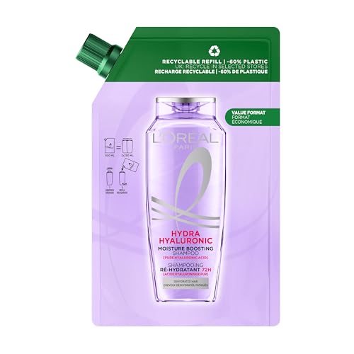 L’Oréal Paris Elvive Hydra Hyaluronic Moisture Boosting Shampoo Refill Pouch, with Hyaluronic Acid, for Dry & Dehydrated Hair, Suitable for all hair textures, -60% plastic, Value format, 500ml