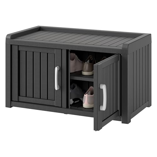 KAMABOKO Outdoor Shoe Storage Cabinet Waterproof UV-Resistant Entryway Storage Bench Indoor Outdoor with 2 Barn Doors Adjustable Shelves for Entryway Bedroom Hallway Living Room(Black)