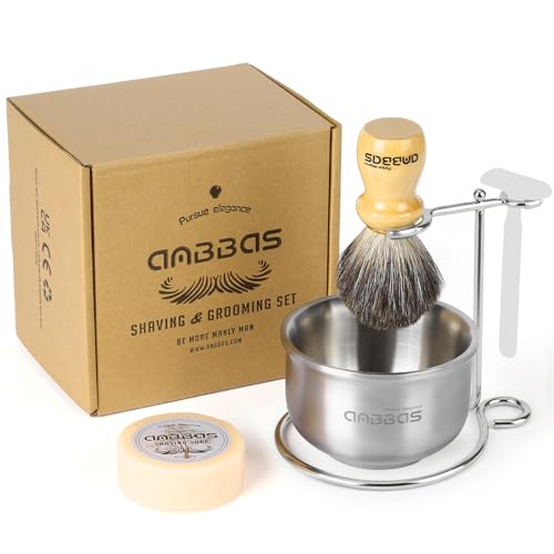 Anbbas Badger Hair Shaving Brush with Wood Handle,Stainless Steel Razor