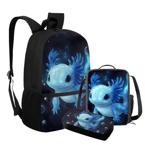 Coldinair 3 Piece Blue Axolotl Backpack Set for Boys 17inch Backpack with Lunch Box Pencil Case Kids Back to School Bag 3PCS Large Bookbag for Kindergarten Elementary Primary School3