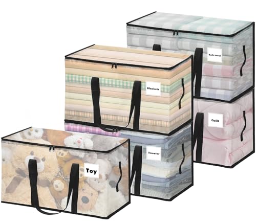 Vautvis Lot de 5 Grand Sac De Rangement Vetement, 100L Boite Rangement Vetement en Transparente, Housse de Couette Pliable avec Poignées pour Demenagement, Vêtements,...