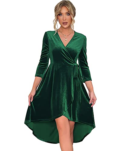 Lealac V Neck 3/4 Sleeve Velvet Wrap Knee Length Ruffle Sexy Christmas Cocktail New Years Eve Wedding Guest A Line Cottagecore Ruffle Dresses Lhl10-Green-Xl #TOP4