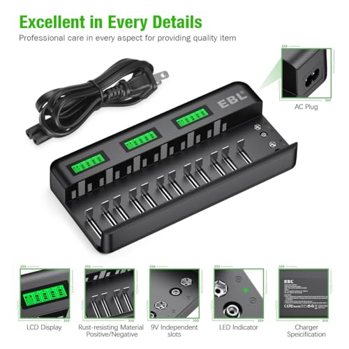 EBL 12+2 Bay Universal Rechargeable Battery Charger for AA AAA C D 9V Ni-MH Ni-CD Batteries & 9V Rechargeable Batteries (AC Power Supply) - Thumbnail 4