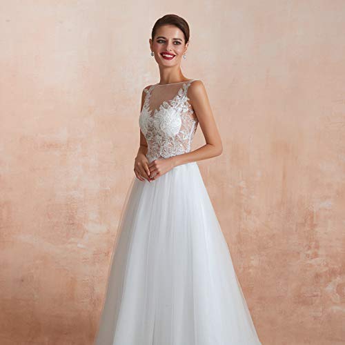 Datangep Sexy Sheer Applique Tulle Wedding Dresses Bridal Long White Summer Beach Gowns Size 12 #TOP4